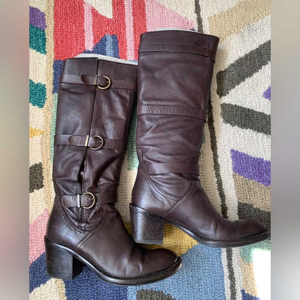 Barneys New York Slouchy Brown Leather Knee High Buckle Boots Size US 8 - EU 38